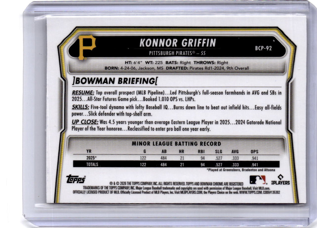 2026 Bowman #BCP-92 Konnor Griffin Chrome Prospects Wave Refractor #/350