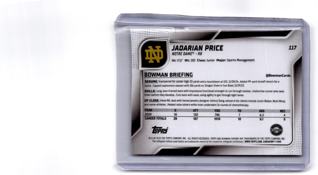 2025 Bowman University Chrome #117 Jadarian Price Xfractor