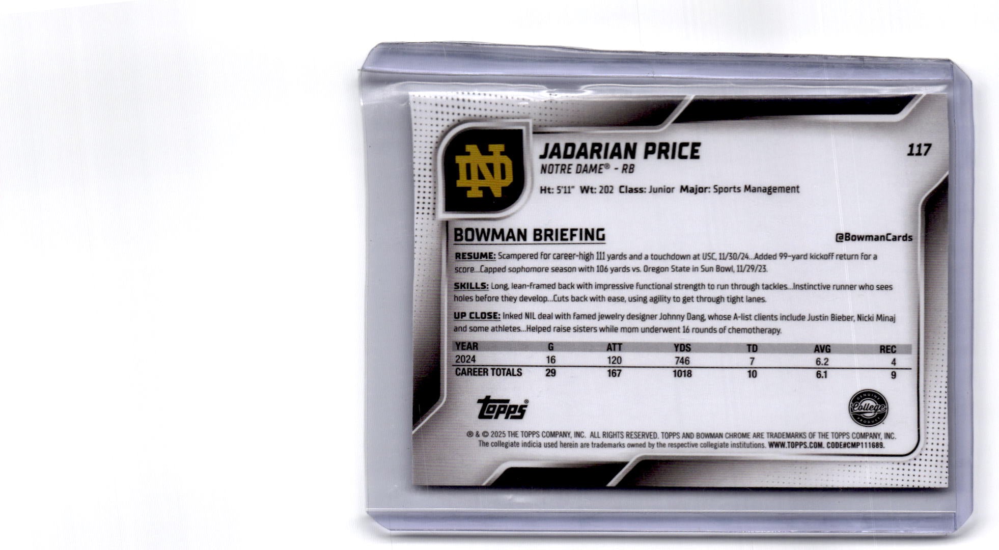 2025 Bowman University Chrome #117 Jadarian Price Xfractor
