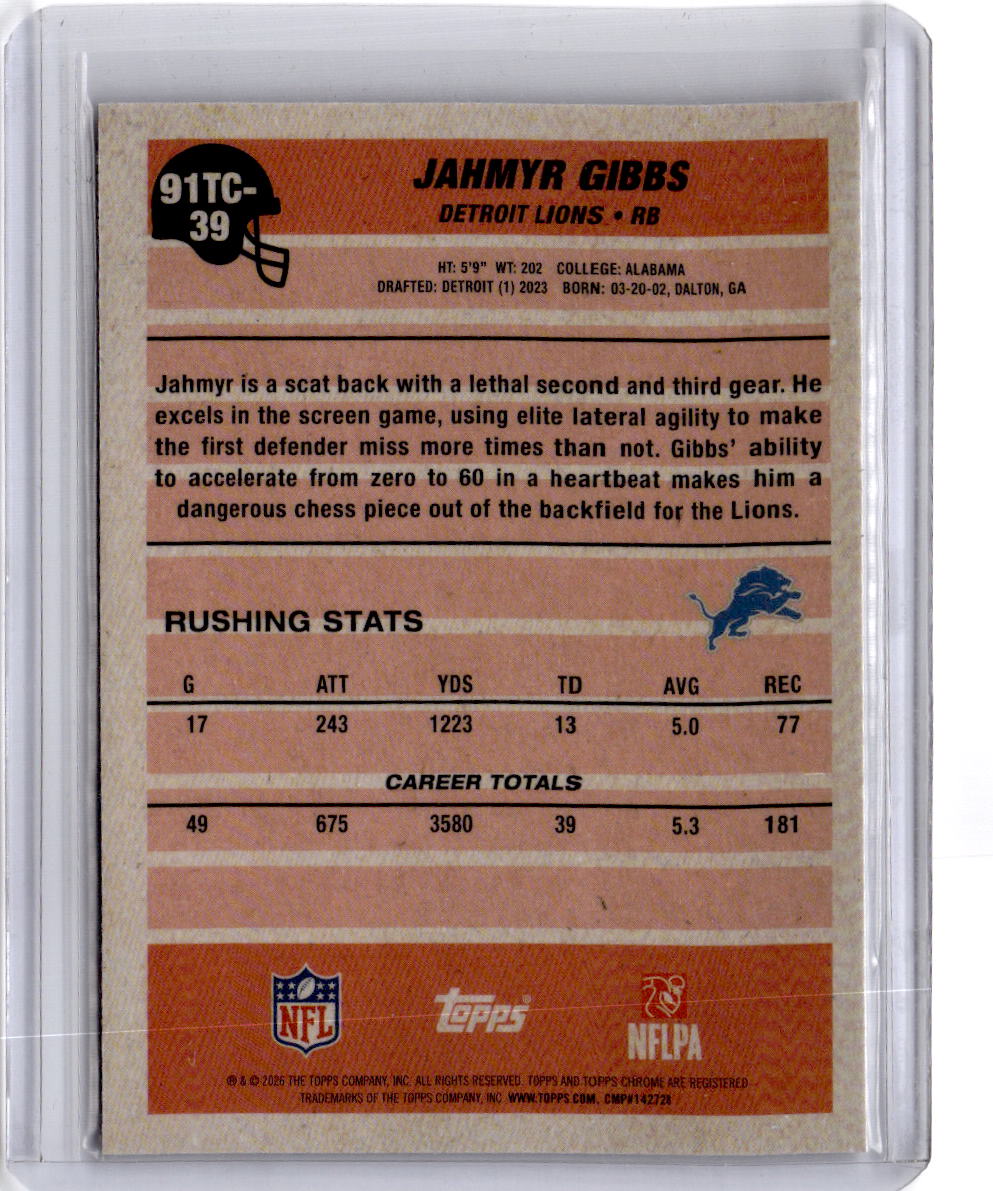 2026 Topps Flagship #91TC-39 Jahmyr Gibbs 1991 Topps Football Chrome