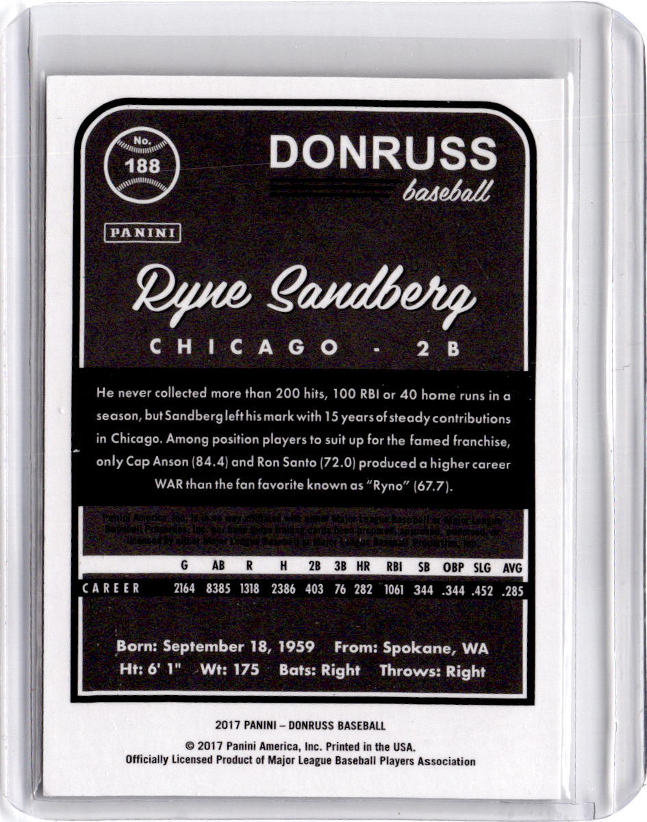 2017 Donruss #188 Ryne Sandberg Season Stat Line #/40