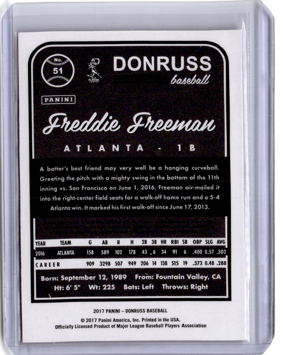 2017 Donruss #51 Freddie Freeman Pink Border #/25
