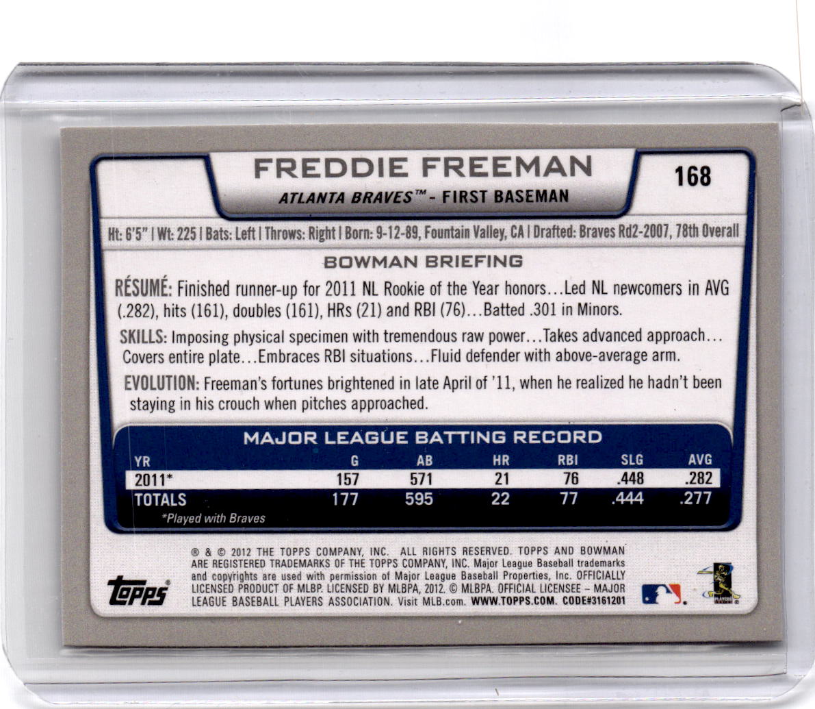 2012 Bowman #168 Freddie Freeman Silver Ice