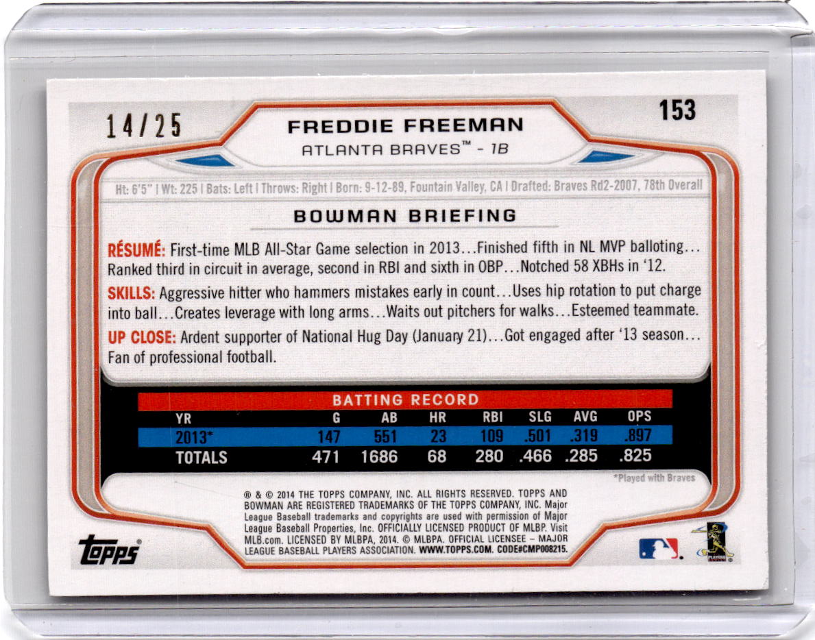 2014 Bowman #153 Freddie Freeman Black #/25
