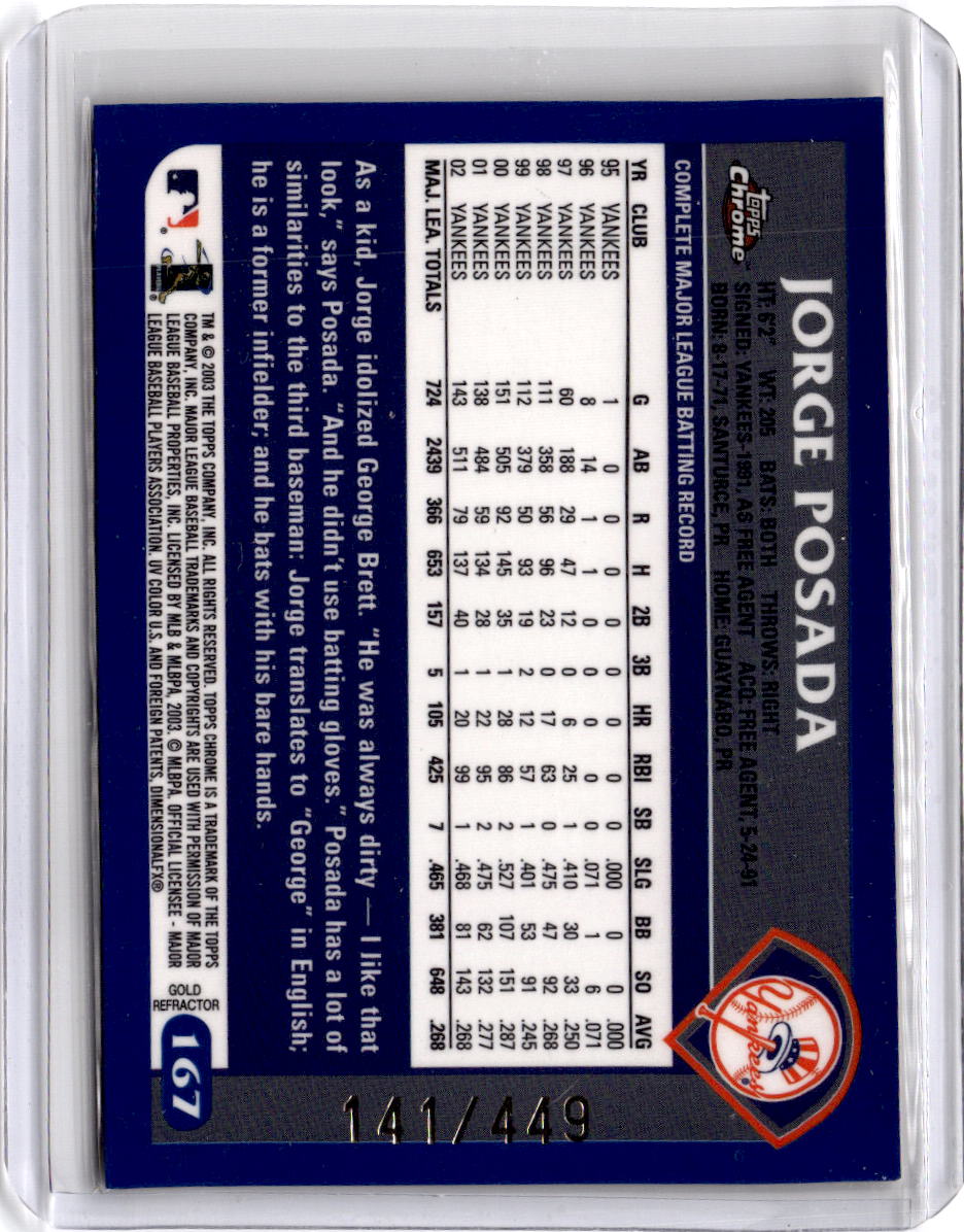 2003 Topps Chrome #167 Jorge Posada Gold Refractors #/449