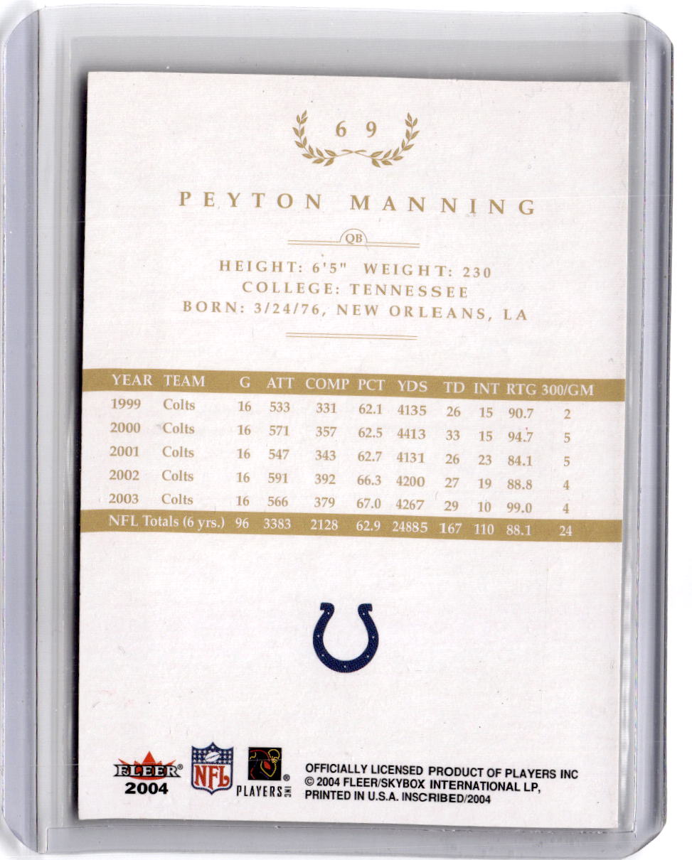 2004 Fleer Inscribed #69 Peyton Manning Black Border Gold #/199