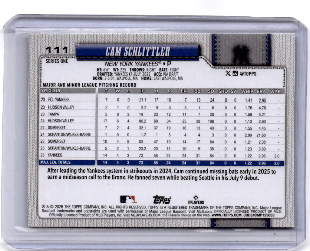 2026 Topps #111 Cam Schlittler Pink Diamante Foil