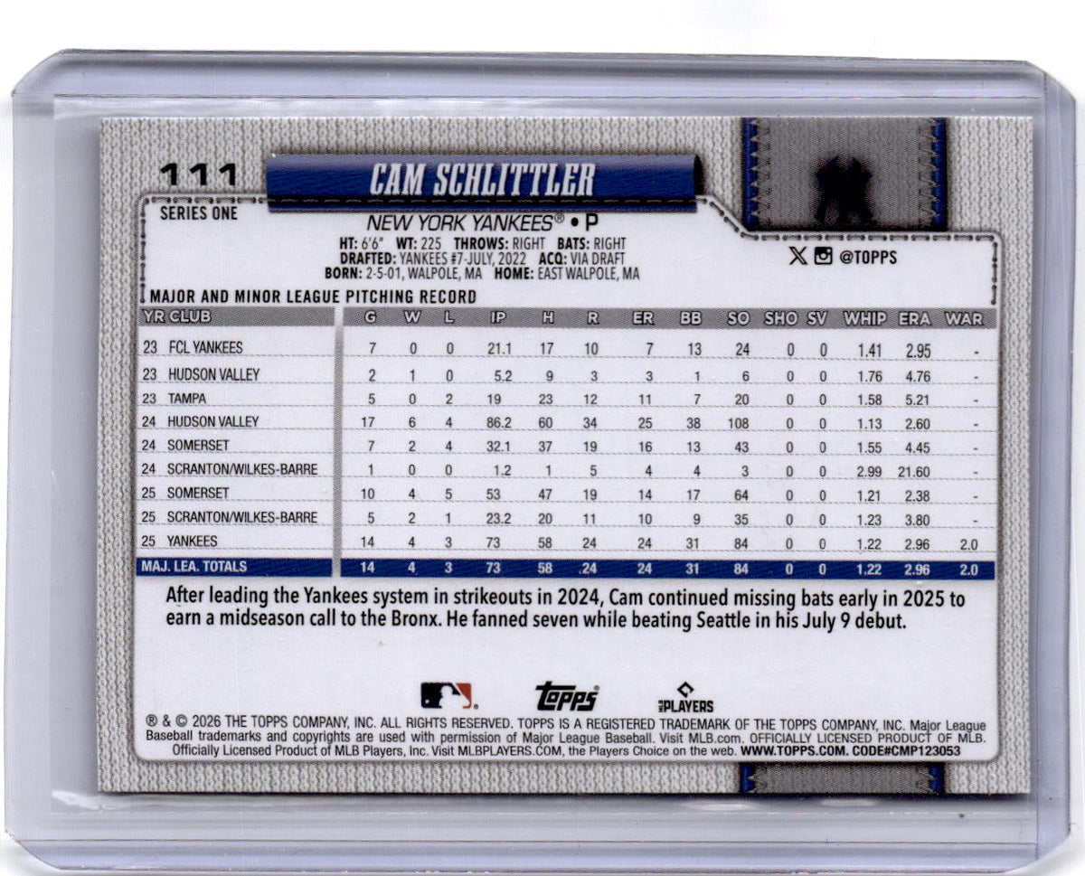 2026 Topps #111 Cam Schlittler Pink Diamante Foil