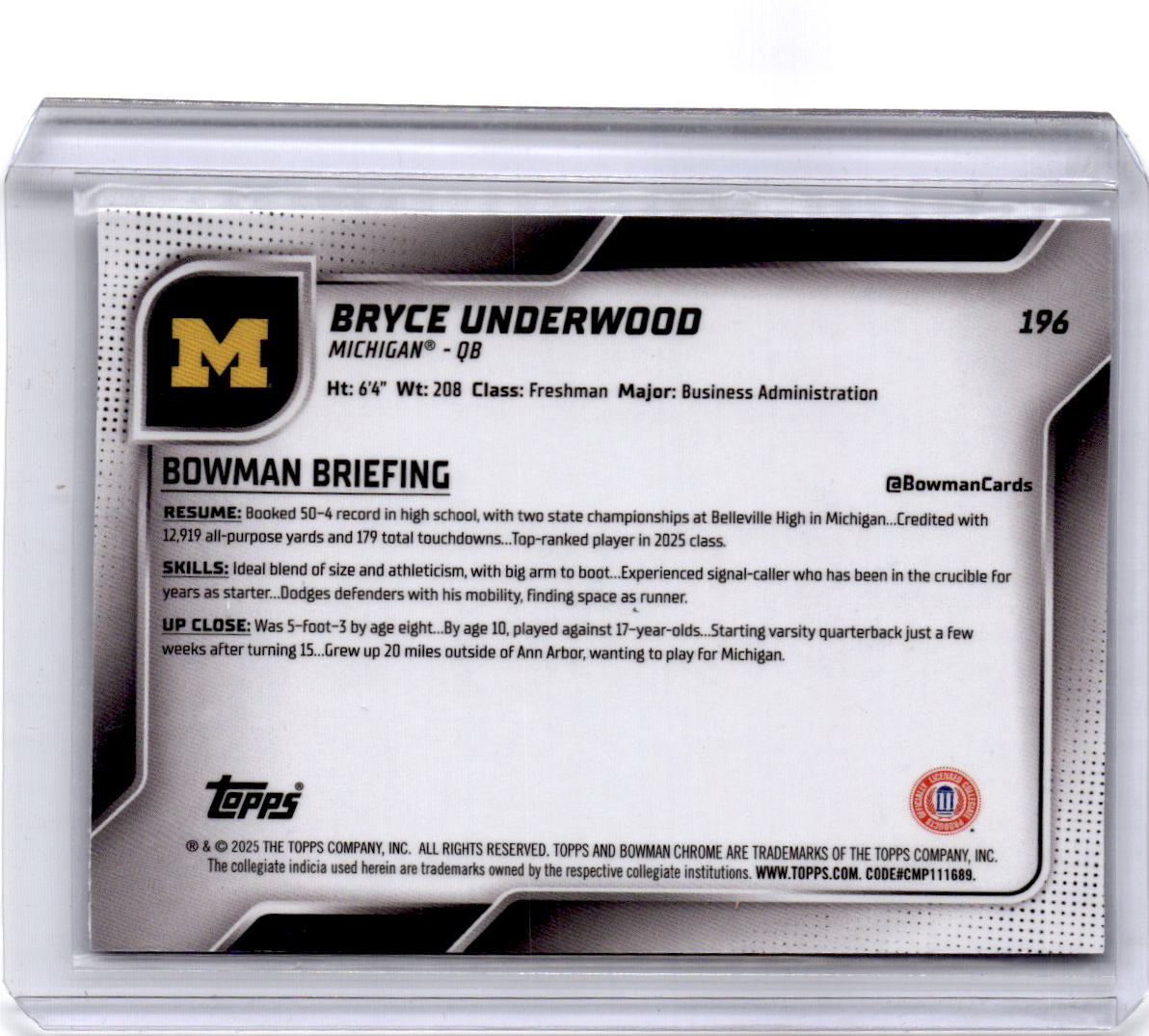2025 Bowman University Chrome Sapphire #196 Bryce Underwood