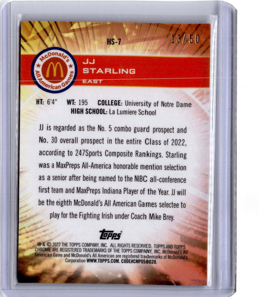 2022 Topps Chrome McDonald's All American #HS-7 JJ Starling Hoopers Gold #/50