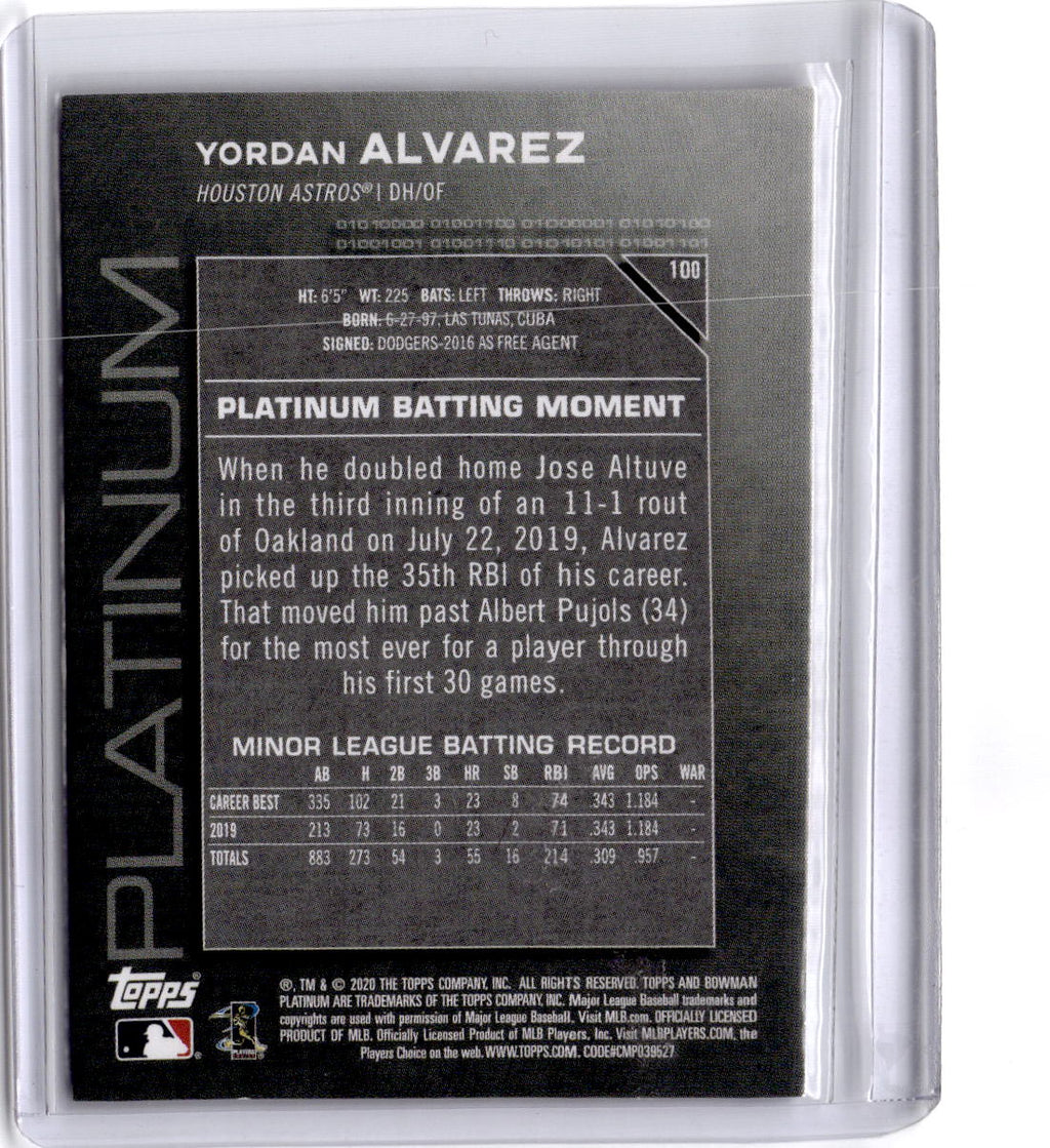 2020 Bowman Platinum #100 Yordan Alvarez Pink #/199
