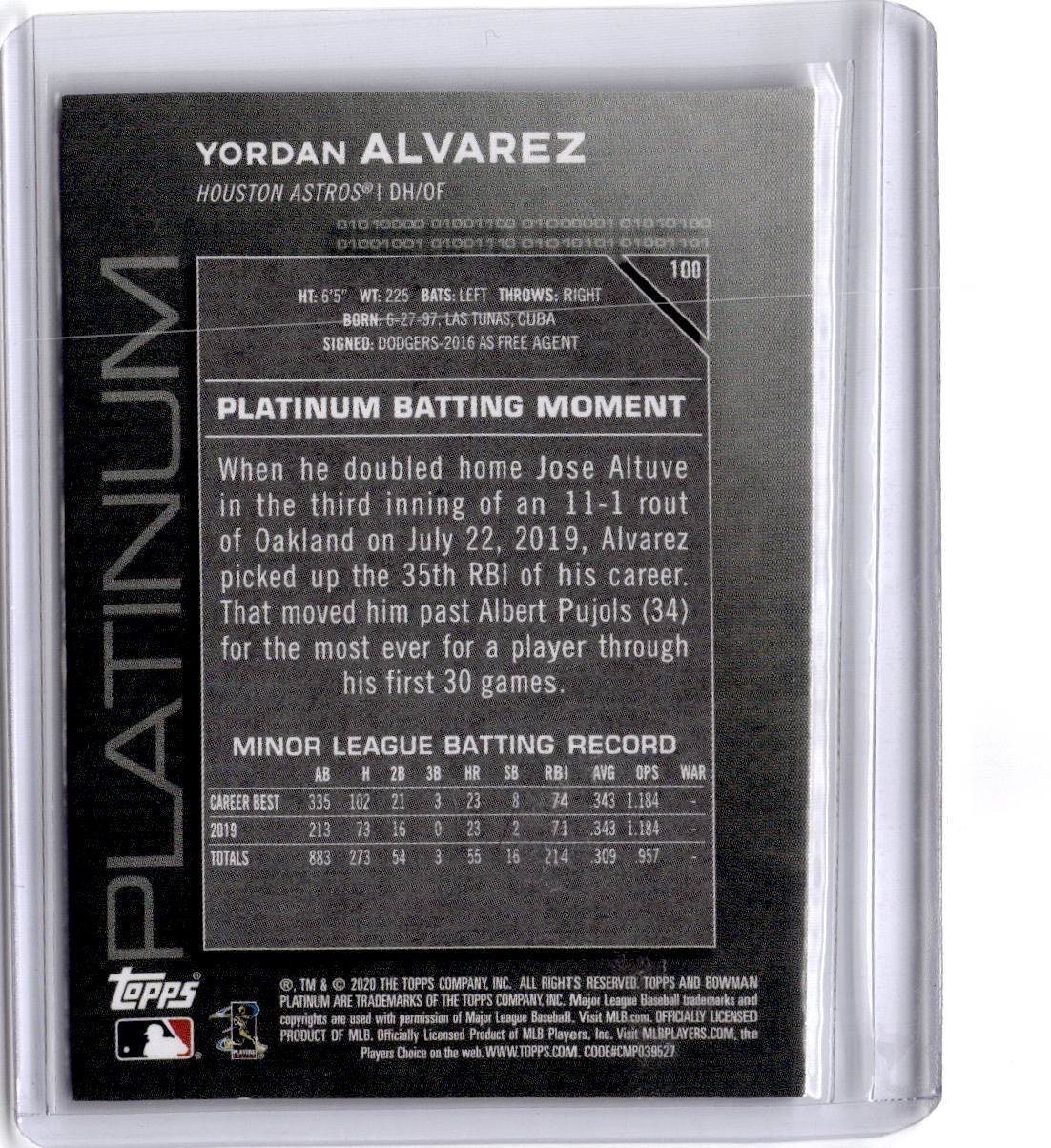 2020 Bowman Platinum #100 Yordan Alvarez Pink #/199