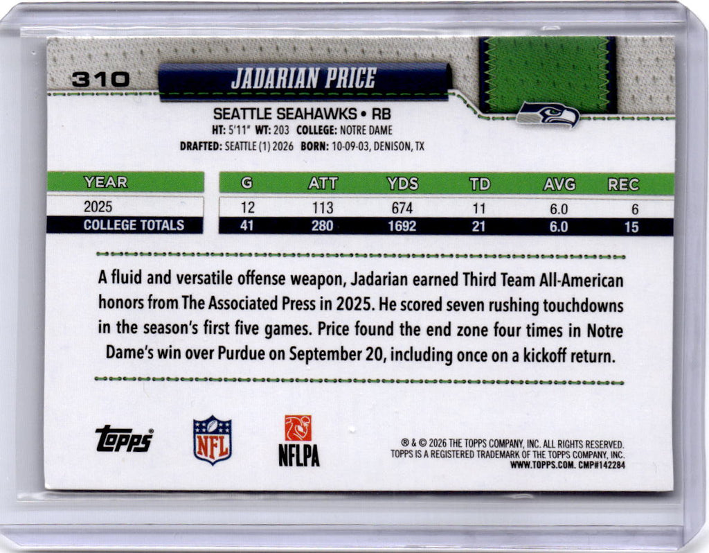 2026 Topps Flagship #310 Jadarian Price Rainbow Foil