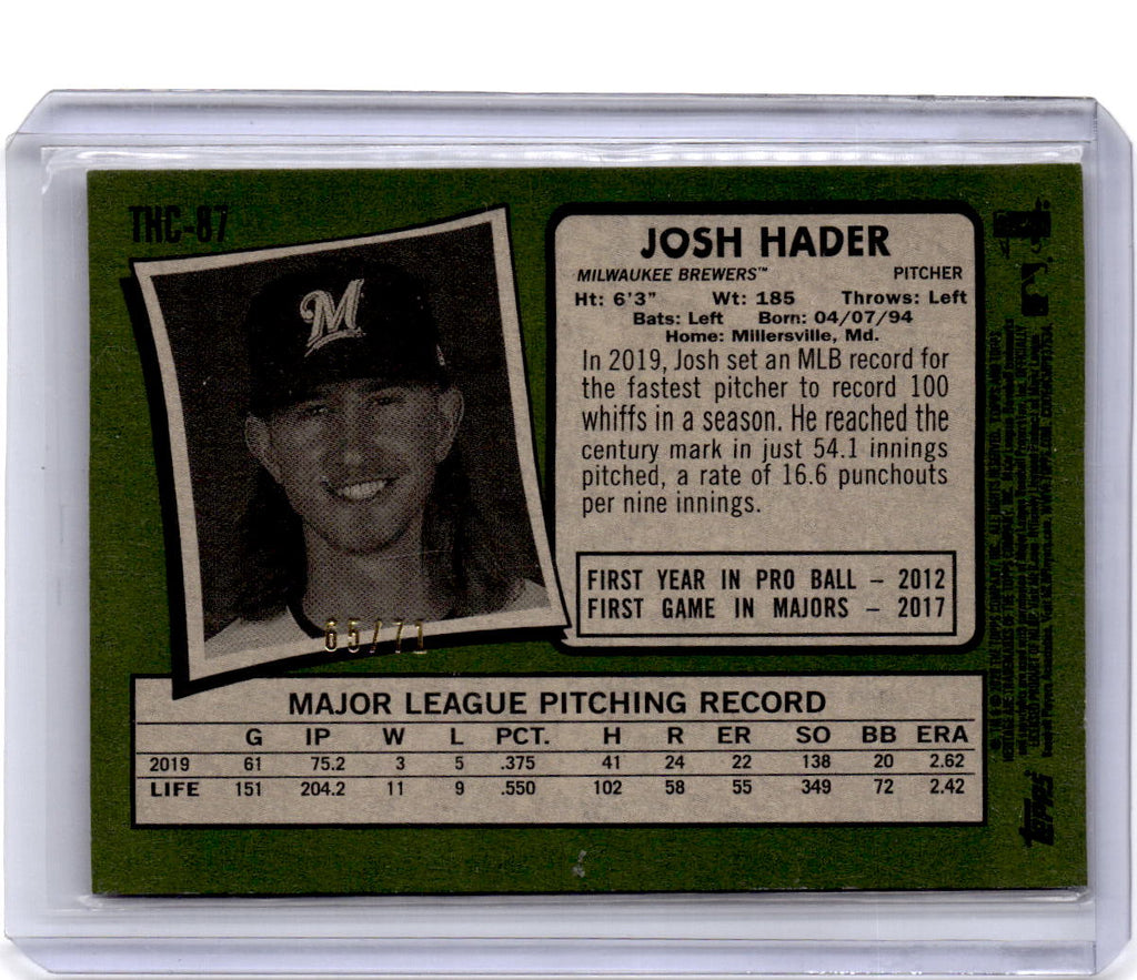 2020 Topps Heritage #THC-87 Josh Hader Chrome Exclusives White Refractor #/71