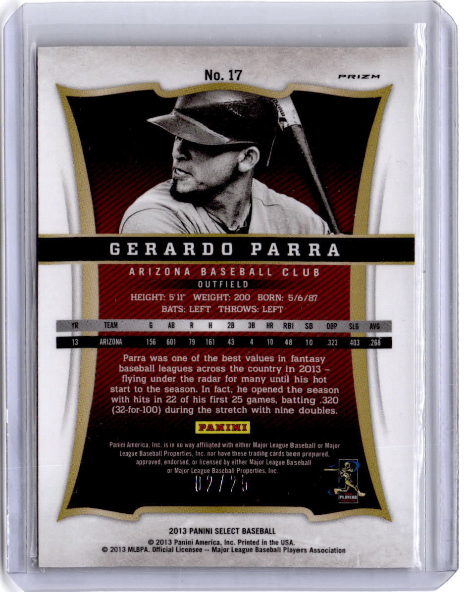 2013 Panini Select #17 Gerardo Parra Prizm Gold #/25