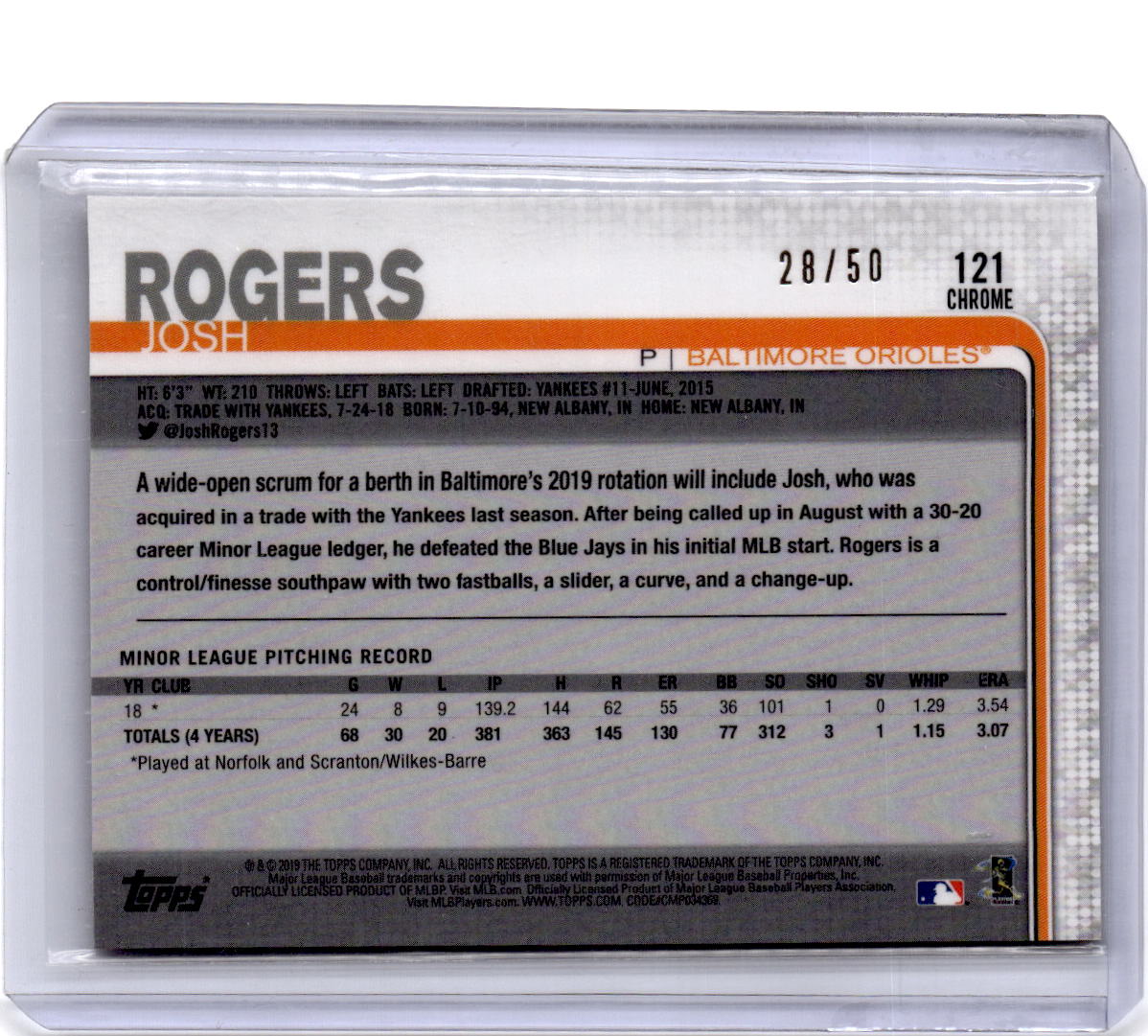 2019 Topps Chrome #121 Josh Rogers Gold Wave Refractor #/50
