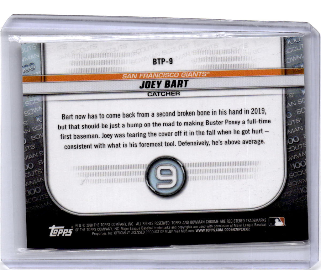 2020 Bowman #BTP-9 Joey Bart Chrome Bowman Scouts Top 100 Gold Refractor #/50