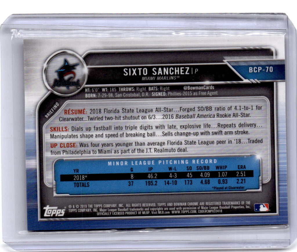 2019 Bowman #BCP-70 Sixto Sanchez Chrome Prospects Mojo Refractors Gold #/50