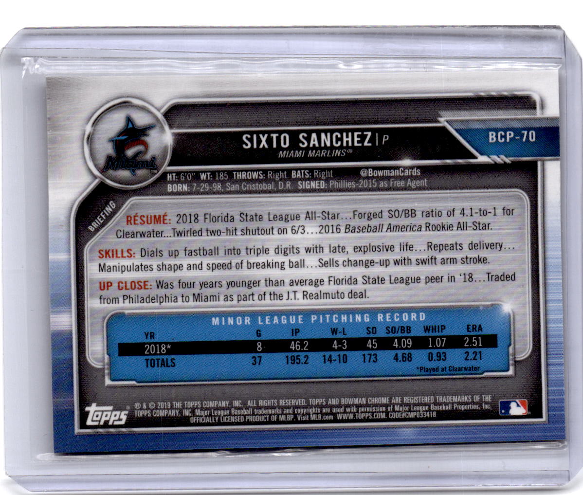2019 Bowman #BCP-70 Sixto Sanchez Chrome Prospects Mojo Refractors Gold #/50
