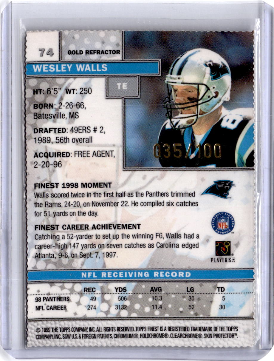 1999 Finest #74 Wesley Walls Gold Refractors #/100