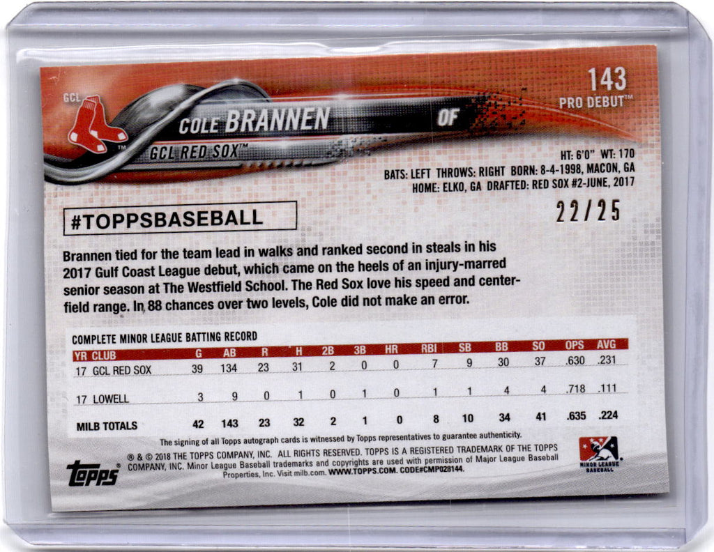 2018 Topps Pro Debut #143 Cole Brannen Autographs Orange