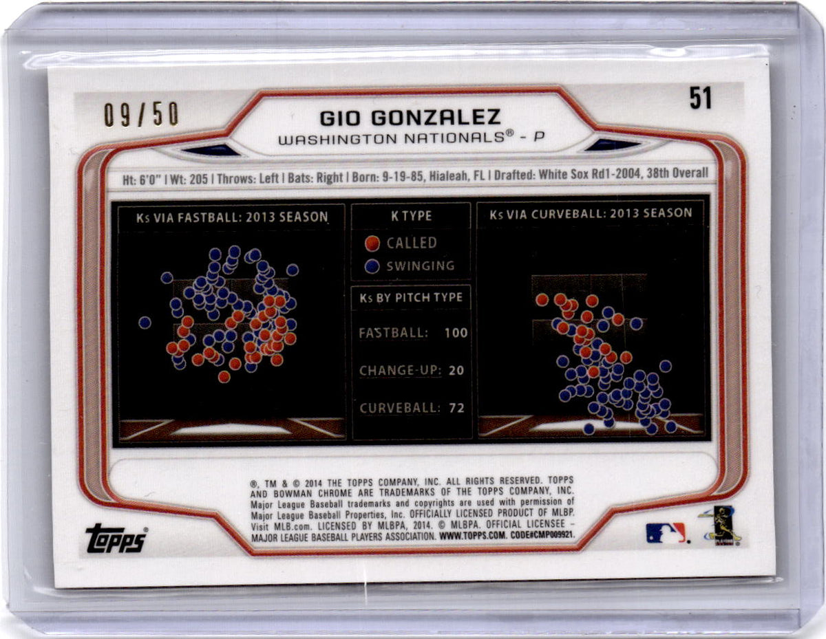 2014 Bowman Chrome #51 Gio Gonzalez Gold Refractor #/50