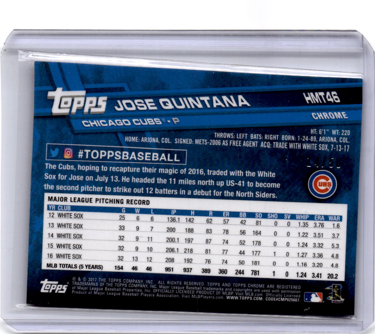 2017 Topps Chrome Update #HMT46 Jose Quintana Gold Refractor #/50