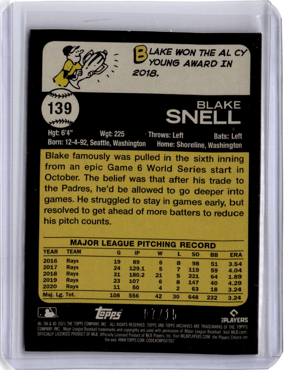 2021 Topps Archives #139 Blake Snell Orange Hot Foil #/15