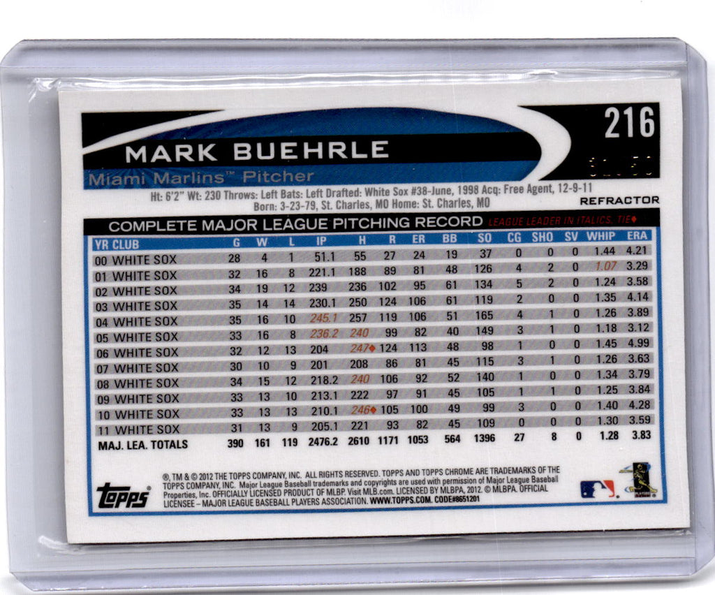 2012 Topps Chrome #216 Mark Buehrle Gold Refractors #/50