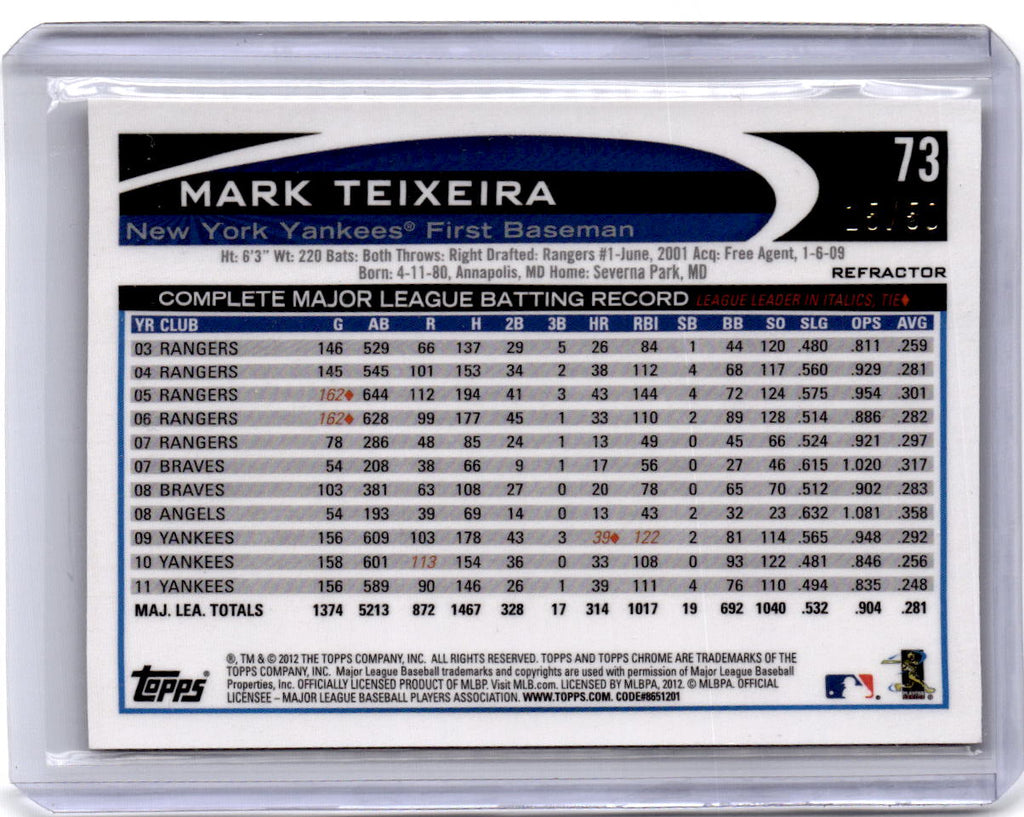 2012 Topps Chrome #73 Mark Teixeira Gold Refractors #/50