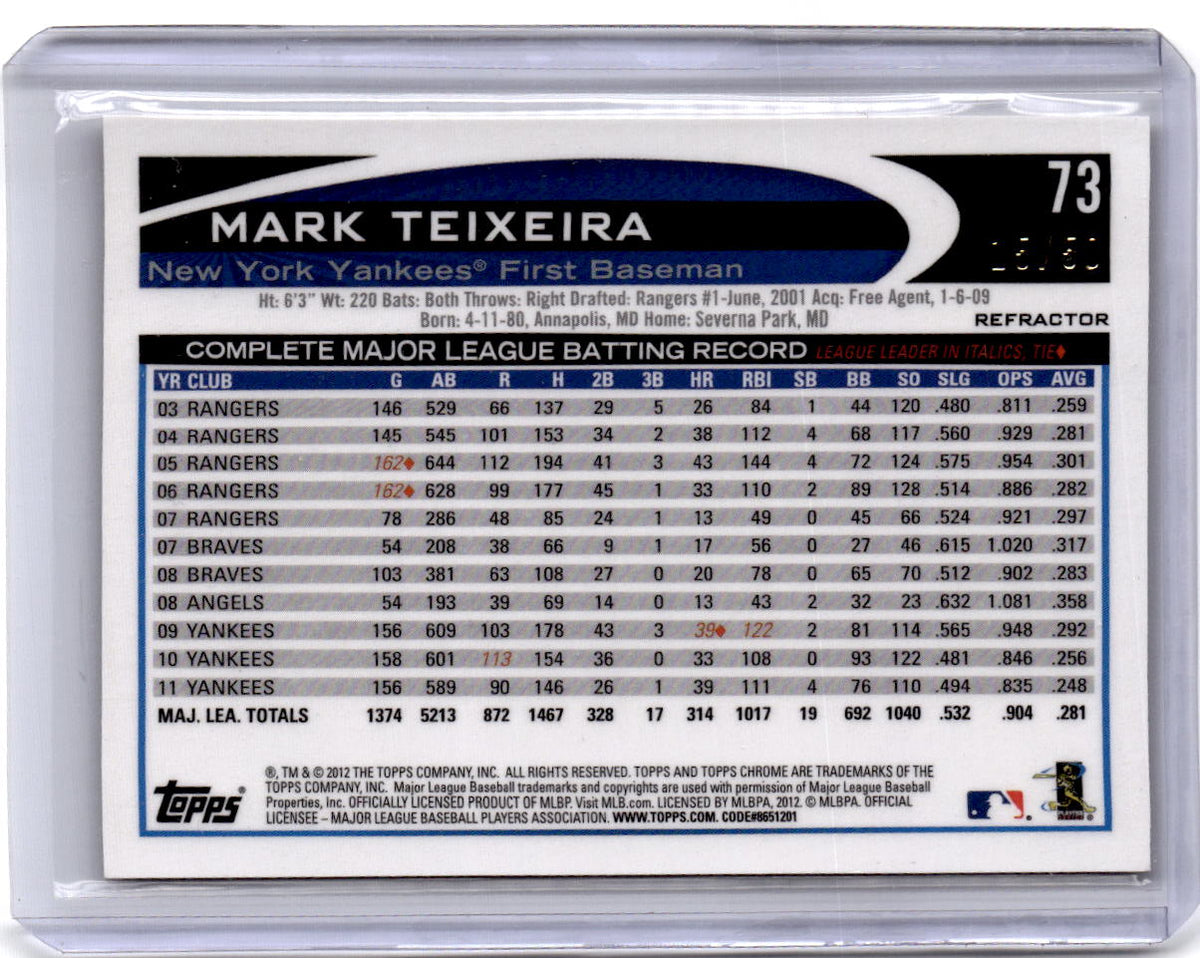 2012 Topps Chrome #73 Mark Teixeira Gold Refractors #/50