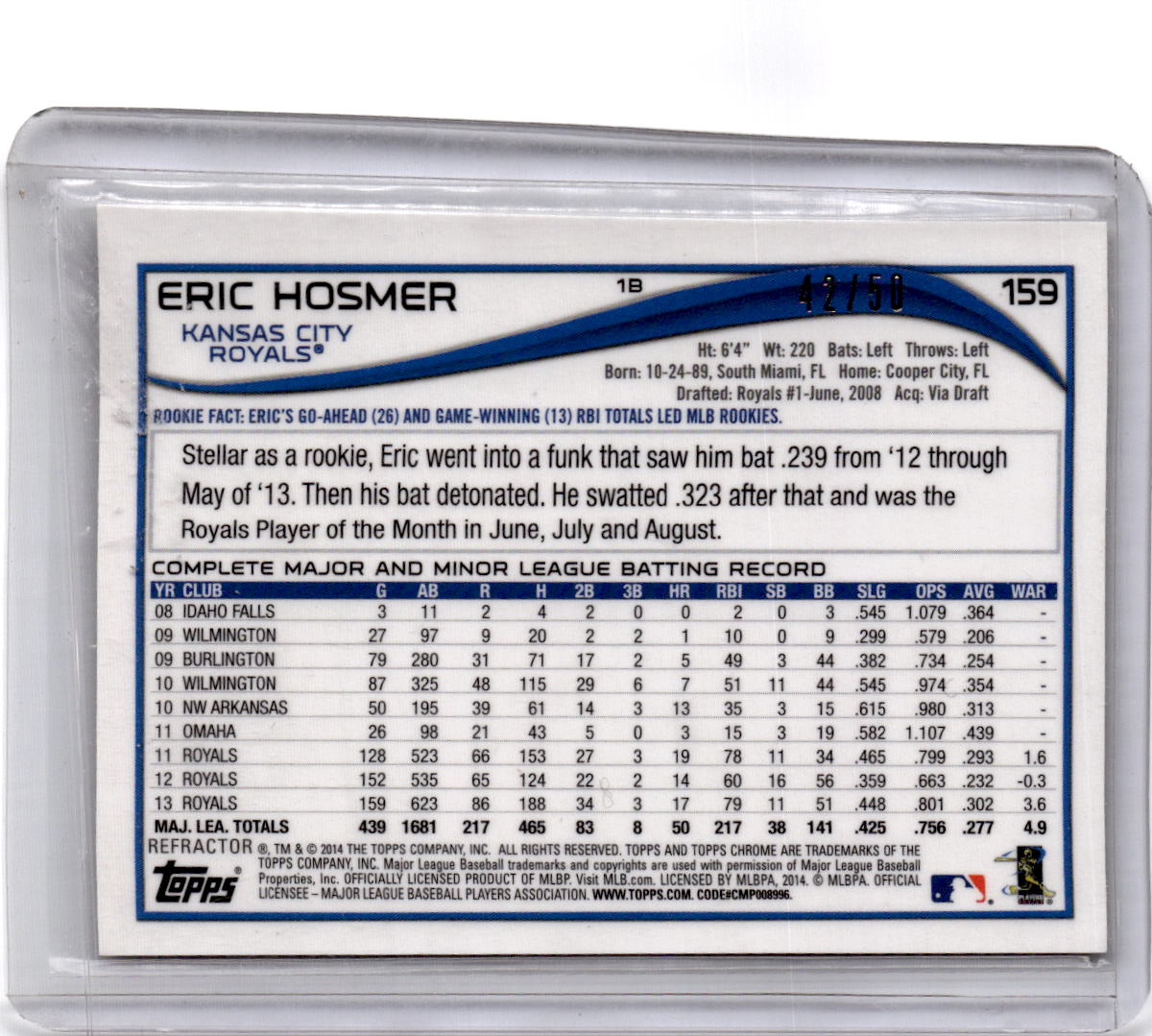 2014 Topps Chrome #159 Eric Hosmer Gold Refractors #/50