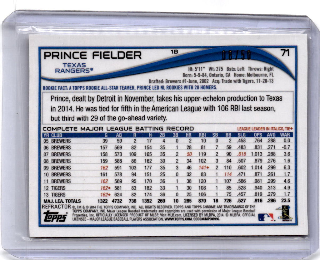 2014 Topps Chrome #71 Prince Fielder Gold Refractors #/50