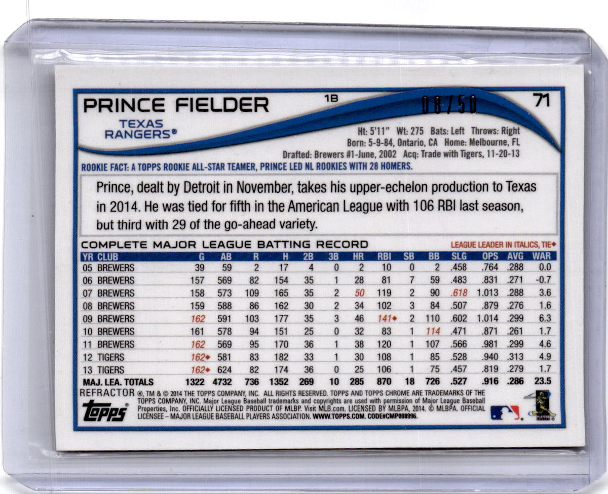 2014 Topps Chrome #71 Prince Fielder Gold Refractors #/50