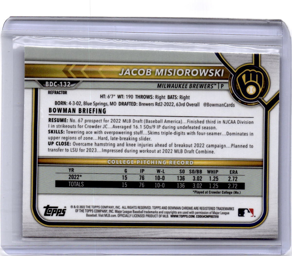 2022 Bowman Draft #BDC-132 Jacob Misiorowski Chrome Refractor