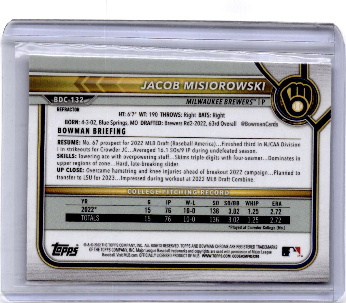 2022 Bowman Draft #BDC-132 Jacob Misiorowski Chrome Refractor