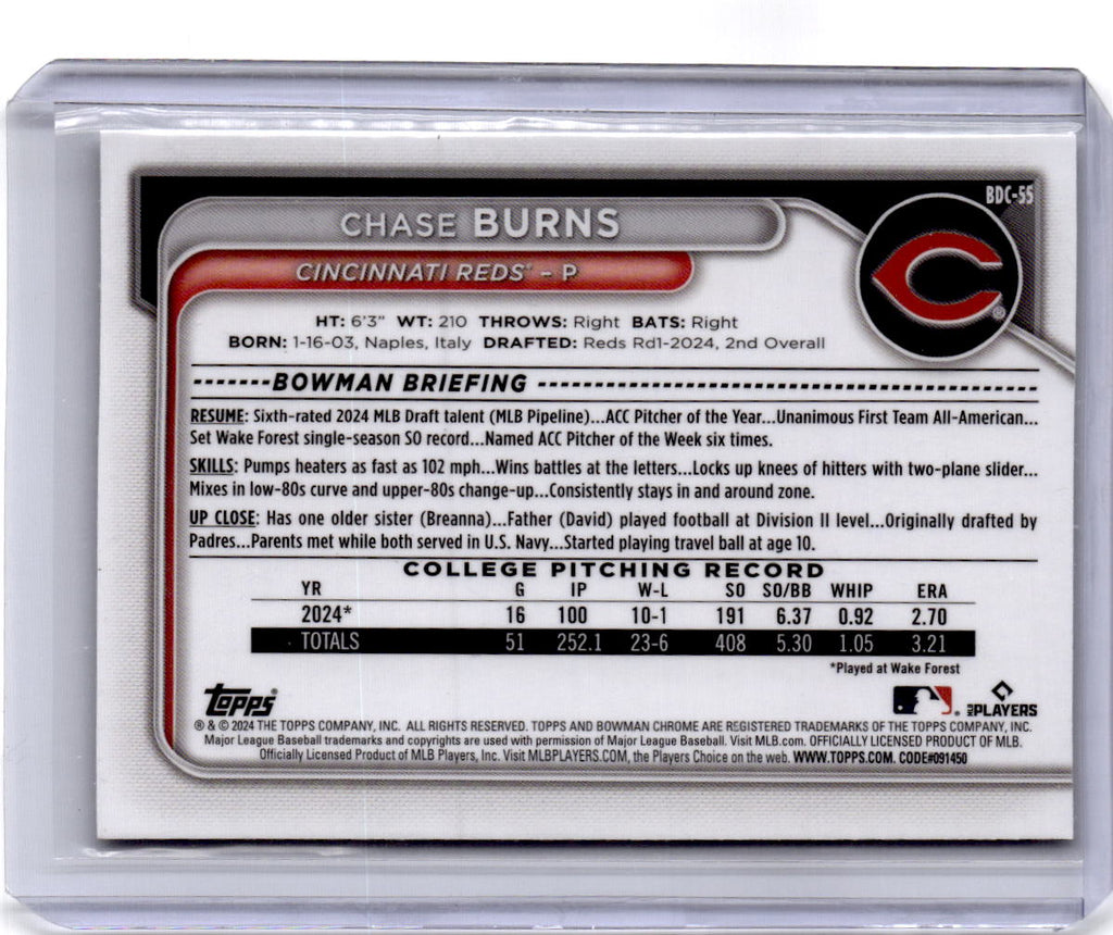 2024 Bowman Draft #BDC-55 Chase Burns Chrome Green Refractor #/99