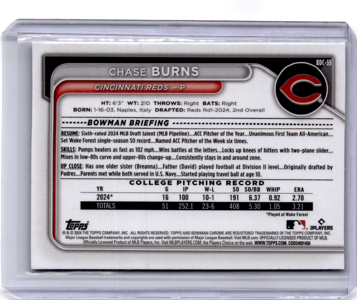 2024 Bowman Draft #BDC-55 Chase Burns Chrome Green Refractor #/99
