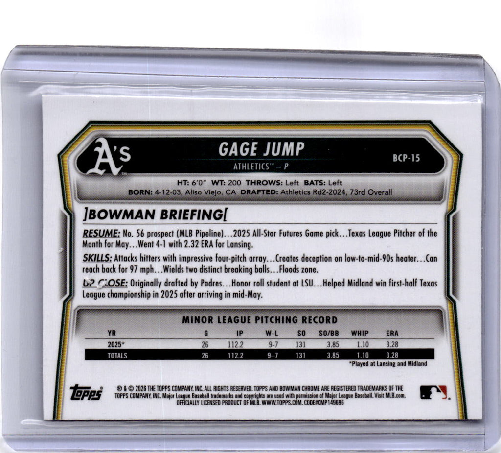 2026 Bowman #BCP-15 Gage Jump Chrome Prospects Mojo Blue Refractor #/150