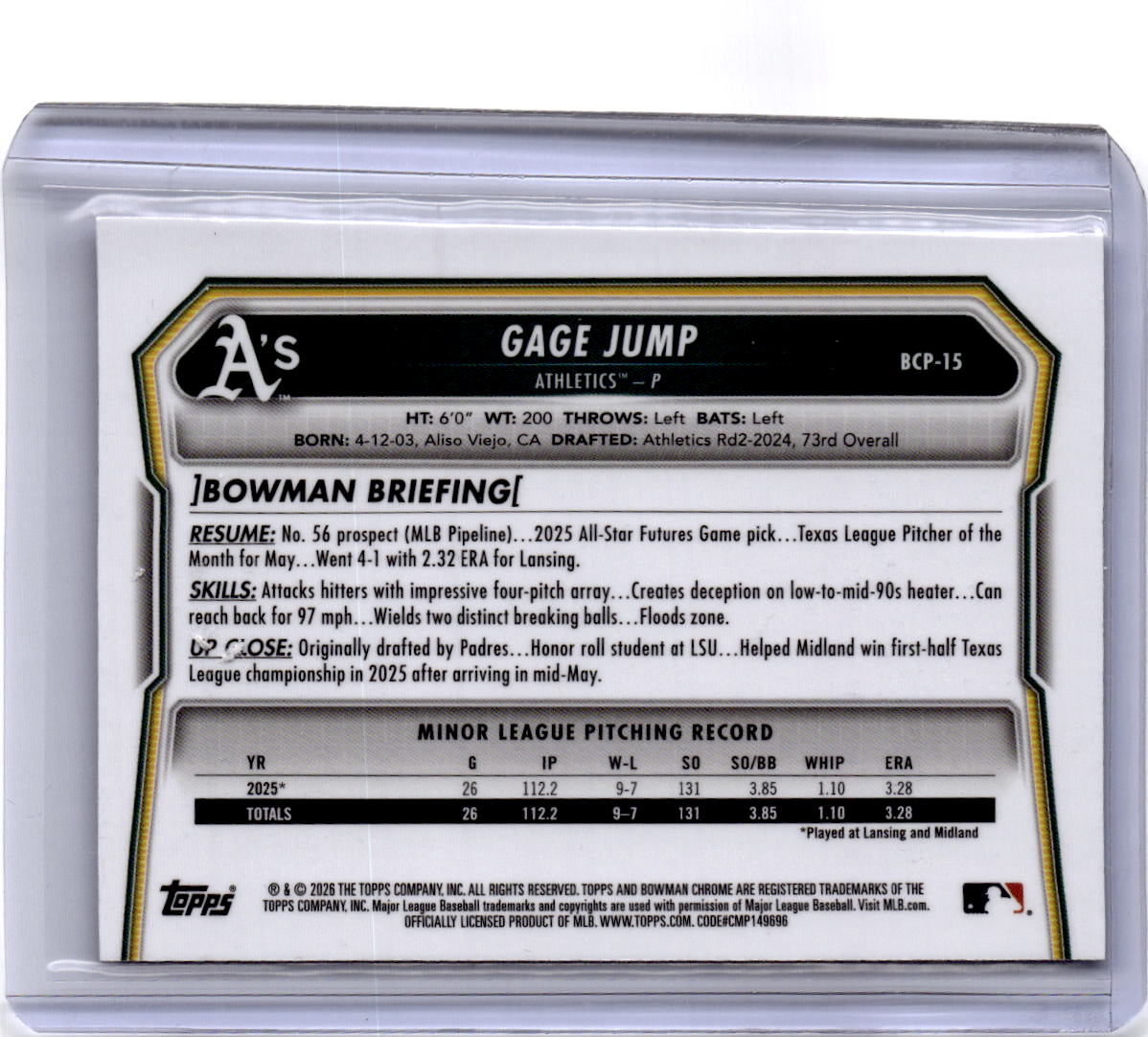 2026 Bowman #BCP-15 Gage Jump Chrome Prospects Mojo Blue Refractor #/150