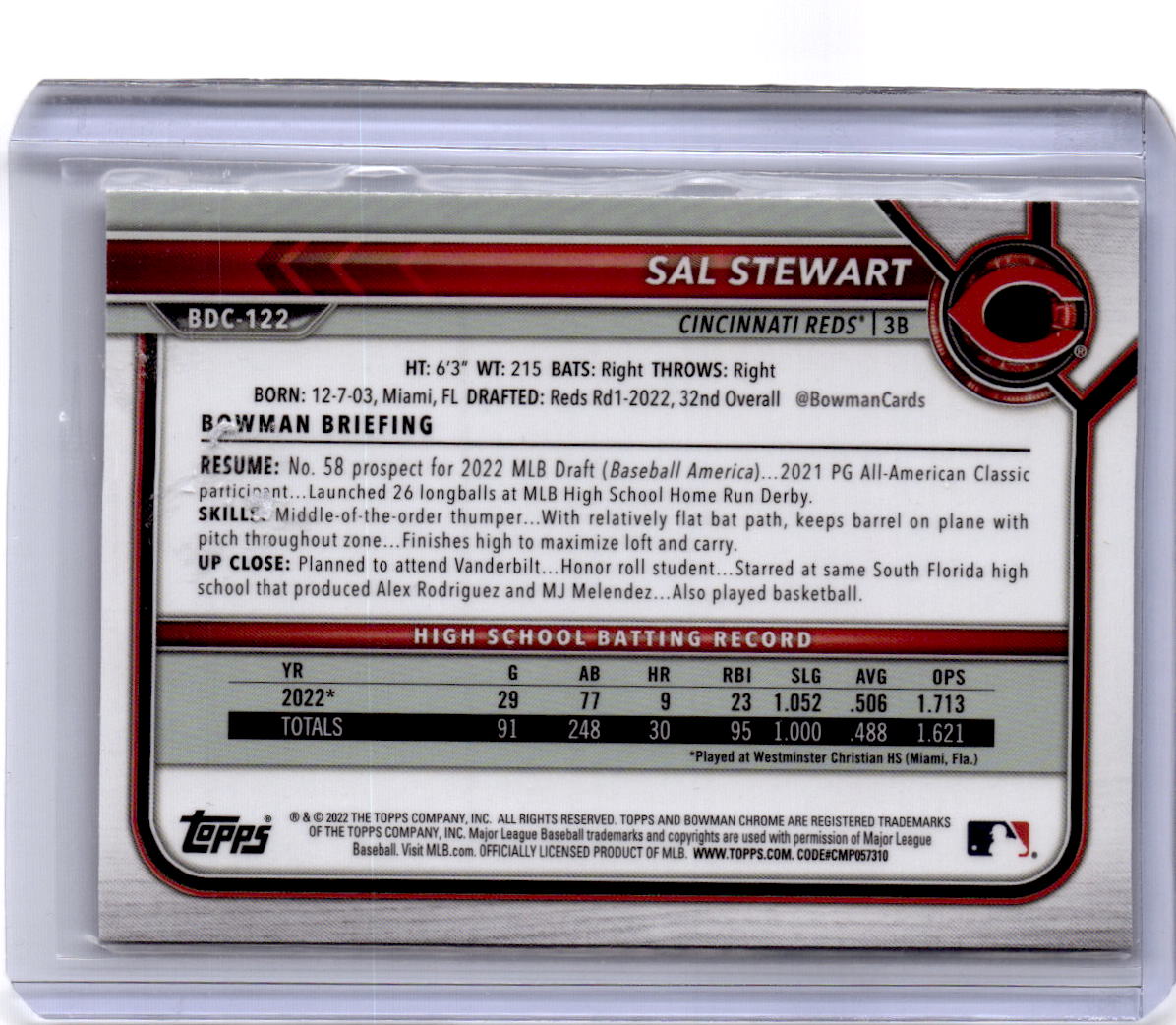 2022 Bowman Draft #BDC-122 Sal Stewart Chrome Black & White RayWave Refractor