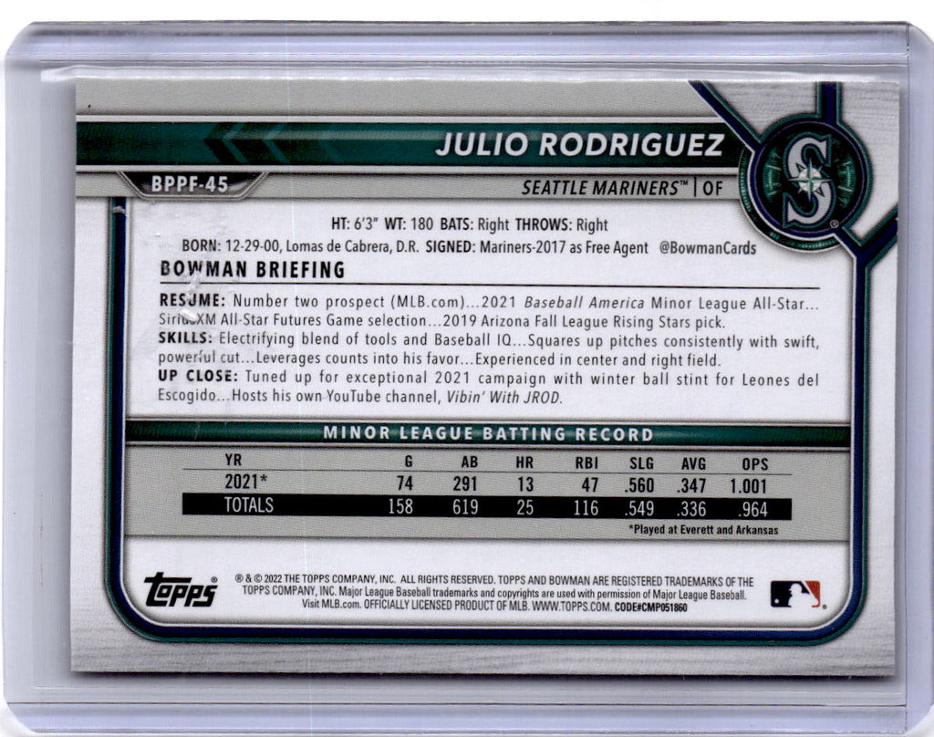 2022 Bowman 1st Edition #BPPF-45 Julio Rodriguez Yellow Foil #/75