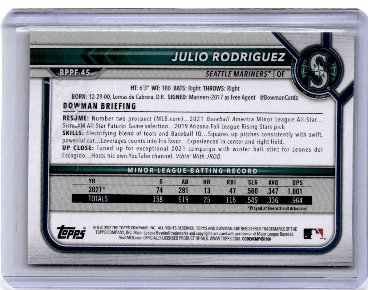 2022 Bowman 1st Edition #BPPF-45 Julio Rodriguez Yellow Foil #/75