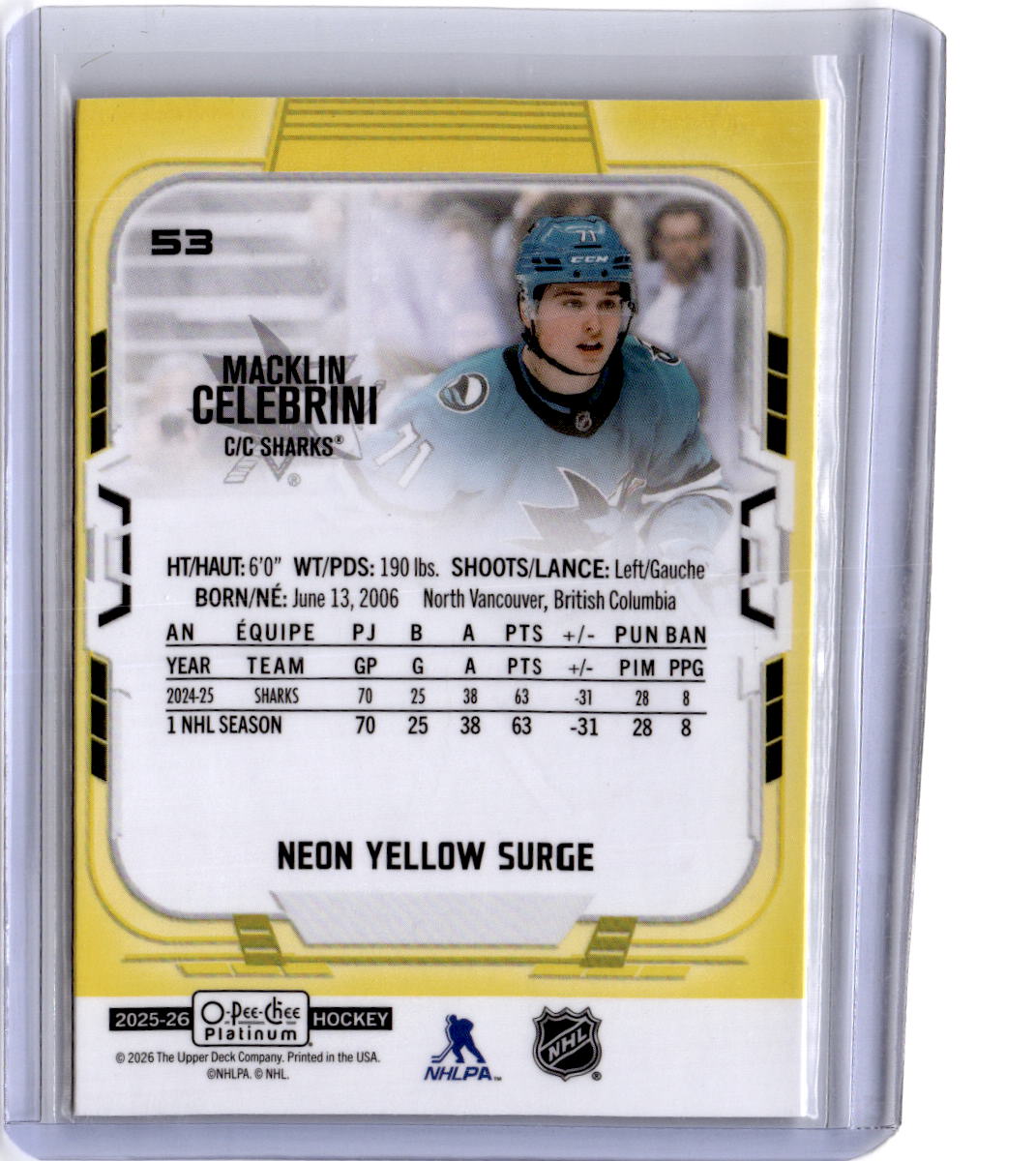 2025-26 O-Pee-Chee Platinum #53 Macklin Celebrini Neon Yellow Surge