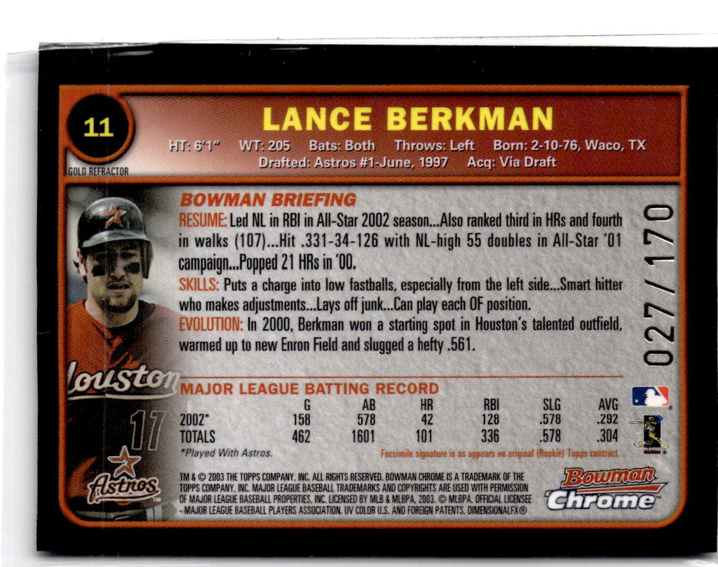2003 Bowman Chrome #11 Lance Berkman Gold Refractors #/170