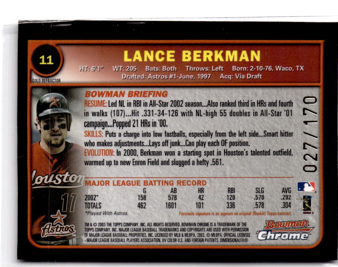 2003 Bowman Chrome #11 Lance Berkman Gold Refractors #/170