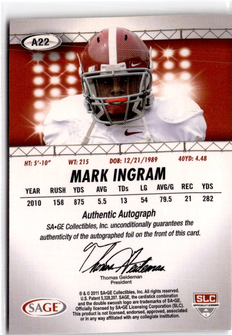 2011 SAGE HIT #A22 Mark Ingram Autographs Gold #/250