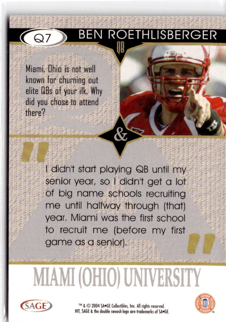 2004 SAGE HIT #Q7 Ben Roethlisberger Q&A Silver