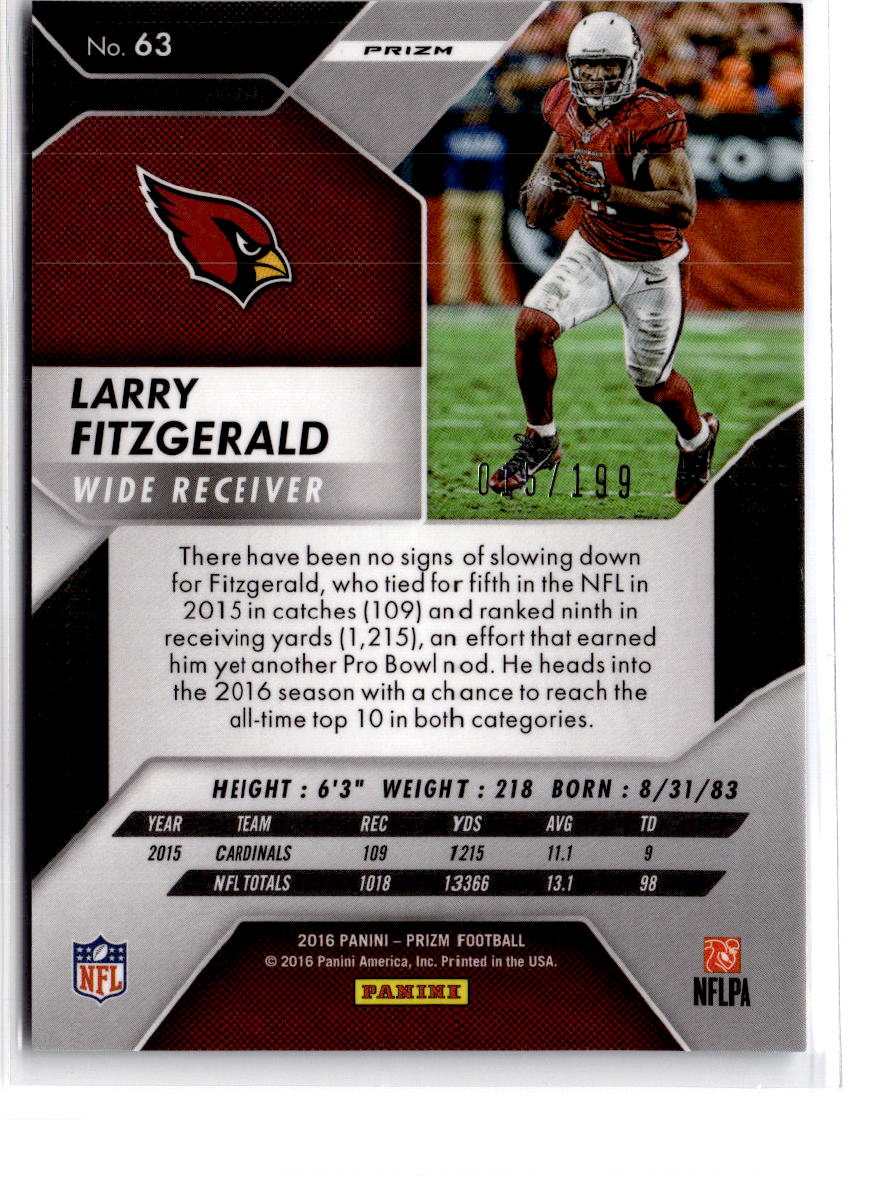 2016 Panini Prizm #63 Larry Fitzgerald Light Blue #/199