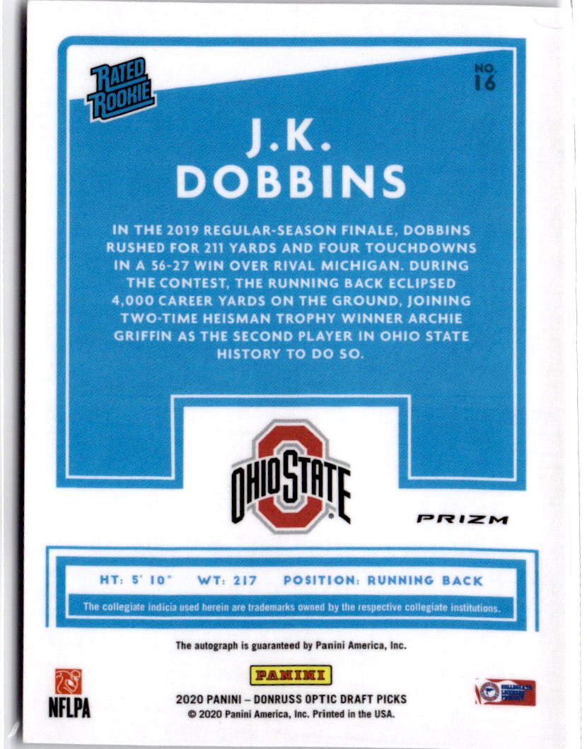 2020 Chronicles Draft Picks #J.K. Dobbins Donruss Optic Rated Rookies Autographs